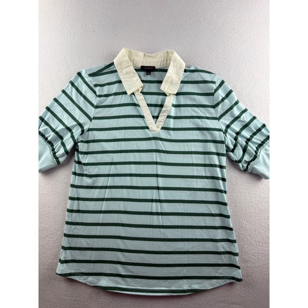Talbots Womens Pima Cotton Striped Rugby Polo Shirt Blue Green V-Neck Small